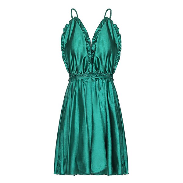 Women Sexy Nightwear Ruffles Nightgowns Cross Strap Back Open Nightdress Lingerie Nighties Faux Silk Deep V-Neck Dress Sleepwear