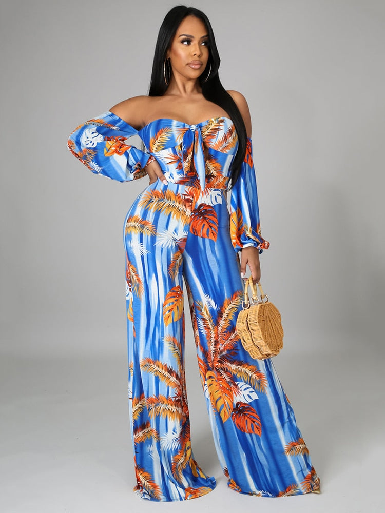 Jump Suits for Women Tropical Print Off The Shoulder Lace Up Decorative Jumpsuit One Fashion Casual Pieces for Women Female