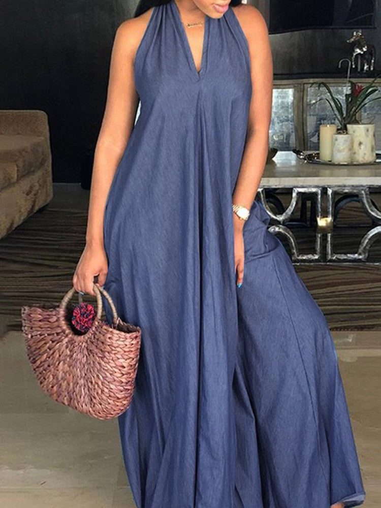 Freeacy Summer New Female Halterneck V-neck Sleeveless Loose Wide Leg Denim Jumpsuits For Women Casual Streetwear Jump Suits