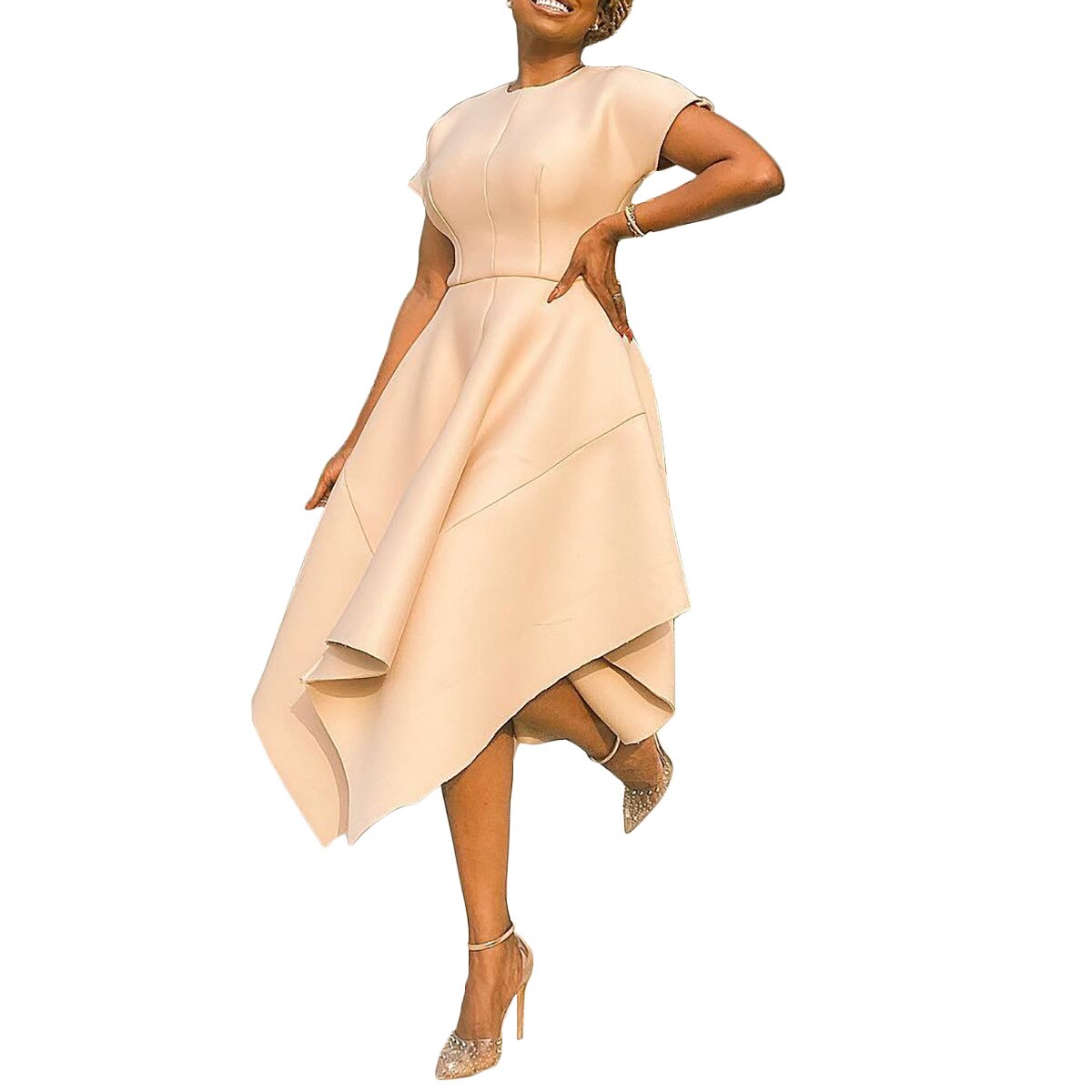 Women Irregular Dress Short Sleeve O Neck Elegant Asymmetry High Waist Dress 2023 Summer Classy African Party Dress Female Robes