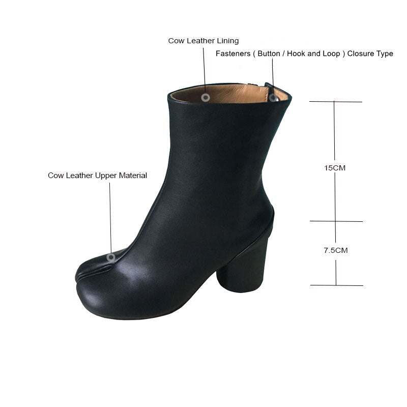 Real Cow Leather Split Toe Ninja Tabi Boots Women MM6 Brand Design Genuine Leather Ankle Boot Woman Round High Heels Shoes