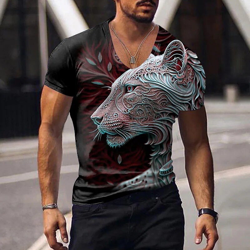 Oversized Animal T-shirt Men Black Tees Lion Print Shirts Pattern V-neck Tops Fashion Casual Short Sleeve Summer Men's Clothing