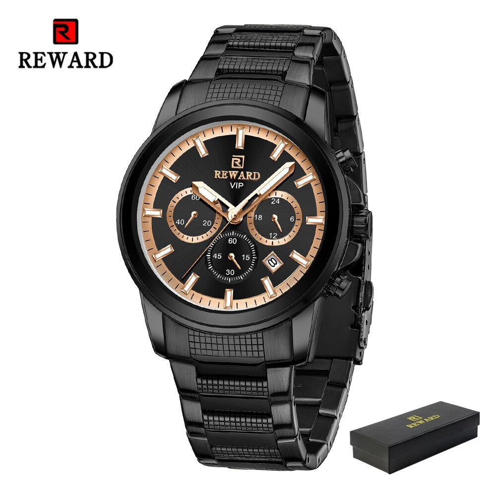 REWARD VIP New Quartz Watches for Men Dress Wrist Watch Stainless Strap Chronograph Luminous Waterproof Date Men's Wristwatches