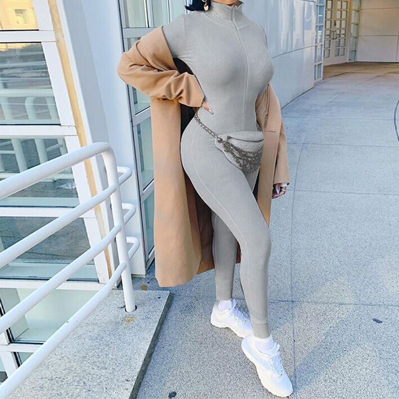 Active Wear Knit Ribbed Rompers Sporty Workout Womens Jumpsuit Long Sleeve Zipper Green Embroidery Letter Print Jogger PR1421G