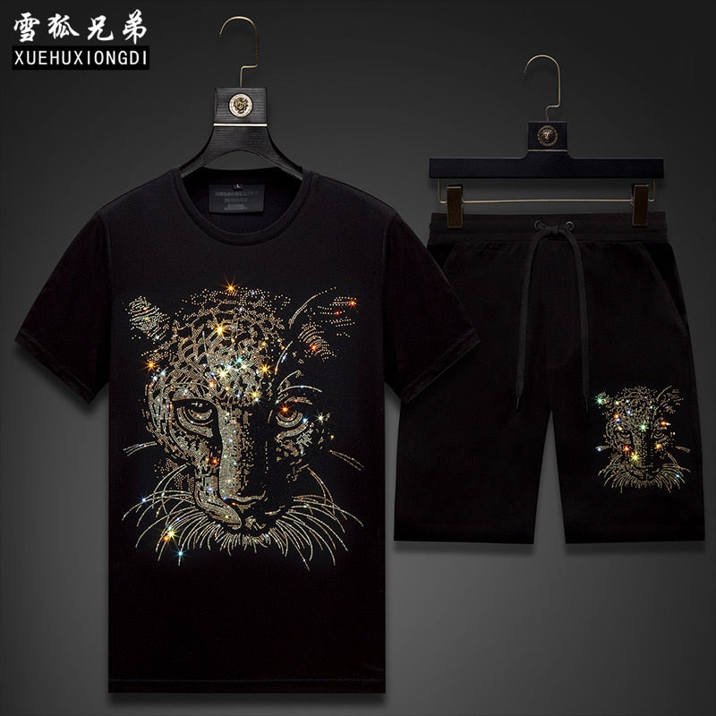 Leopard 2023 Sportswear Tracksuit Rhinestones Men Summer Casual Fitness Thin Mens Track Suit Set 2 Pieces Ropa De Hombre