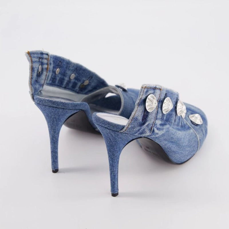 2023 Summer Brand New Pocket Design Fashion Denim High Heel Sandals Popular Charming Woman Shoes Comfort Slippers Big Size 43
