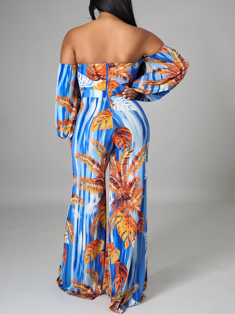 Jump Suits for Women Tropical Print Off The Shoulder Lace Up Decorative Jumpsuit One Fashion Casual Pieces for Women Female