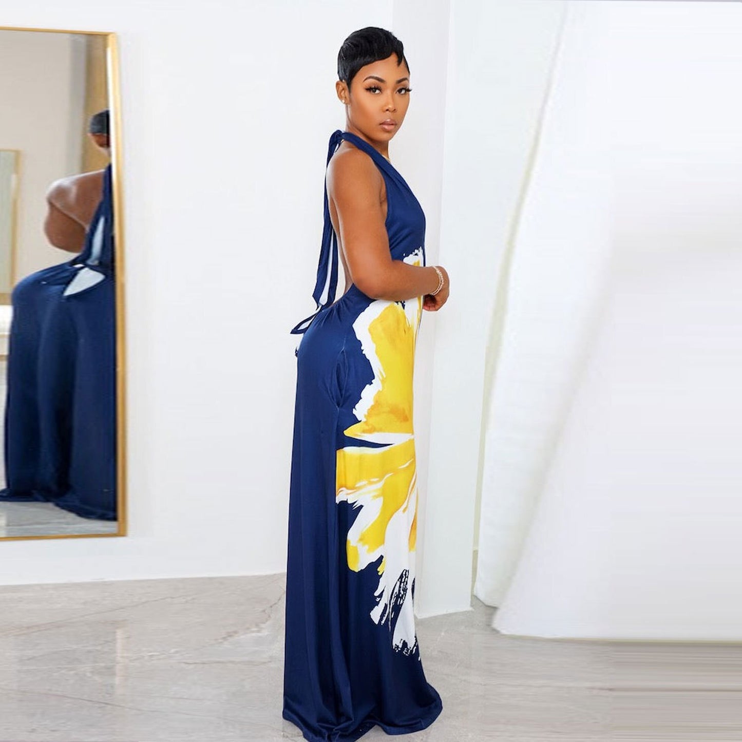 Summer Elegant Print Hang Neck Straps Loose V-neck Long Dress 2023 Women Sleeveless Sexy Traditional Retro African Clothing