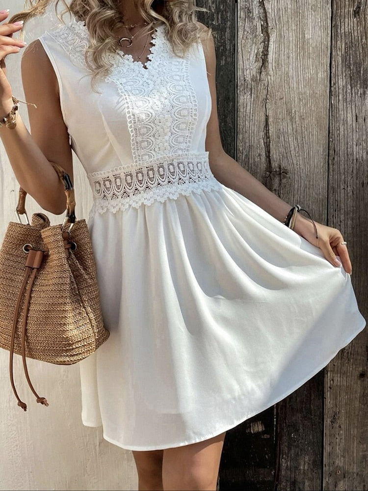 Women White Mini Dress Elegant Lace Dress Female V Neck Sleeveless Short Dress Ladies Hollow Out High Waist Dress Summer