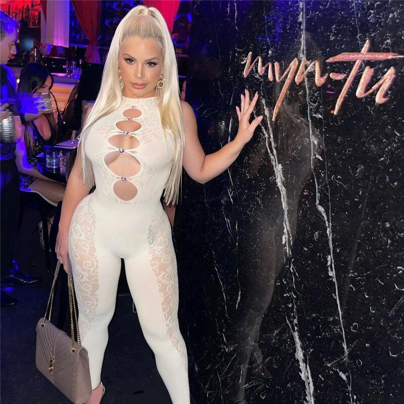 Sexy See Through Sleeveless Hipster Night Clubwear Party Overalls Women Hollow Out Lace Mesh Patchwork Skinny Jump Suit