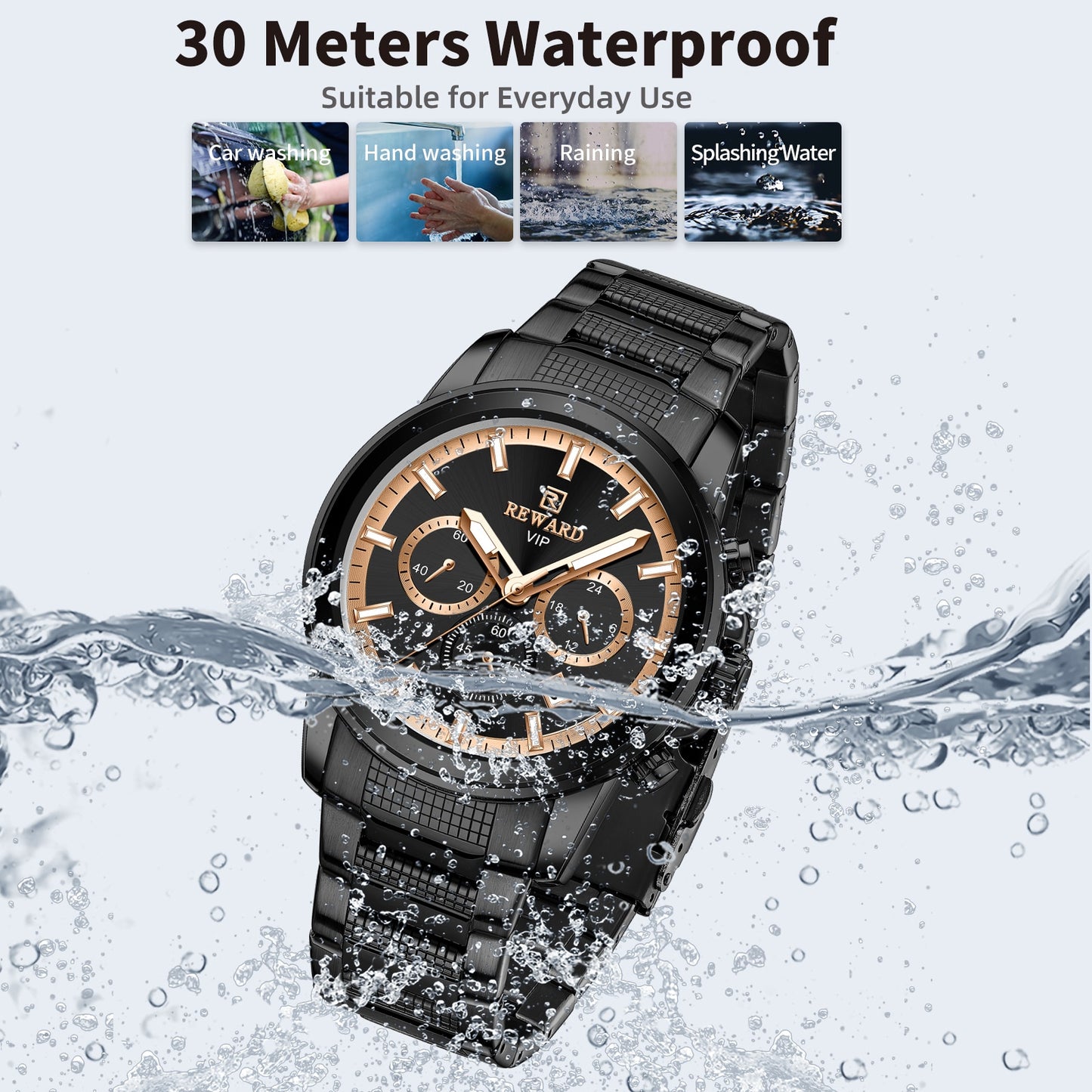 REWARD VIP New Quartz Watches for Men Dress Wrist Watch Stainless Strap Chronograph Luminous Waterproof Date Men's Wristwatches