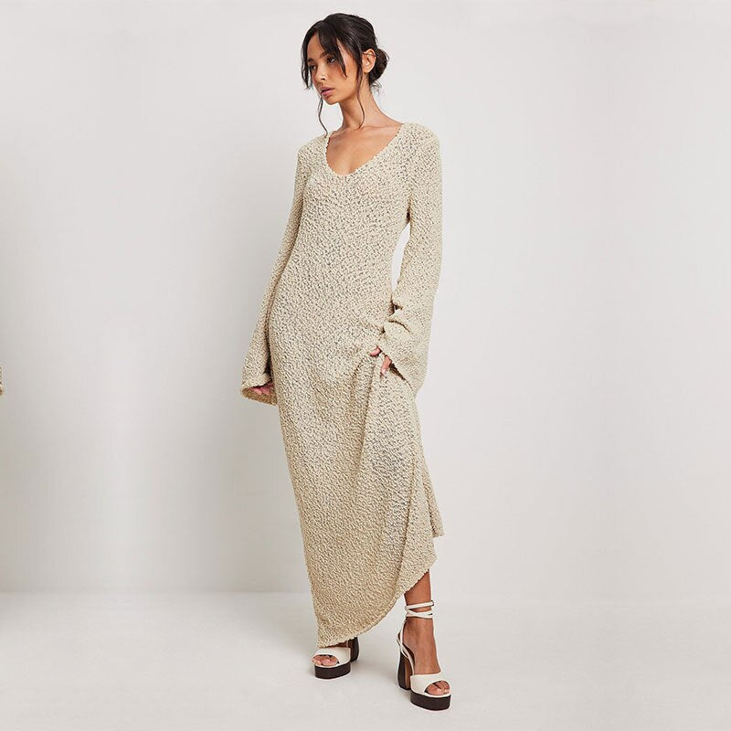Sexy Knitted Women's 2023 Autumn New U-Neck Dolman Sleeves See-through Sweater Maxi Dress Beachwear Swim Suit Cover-ups A2186