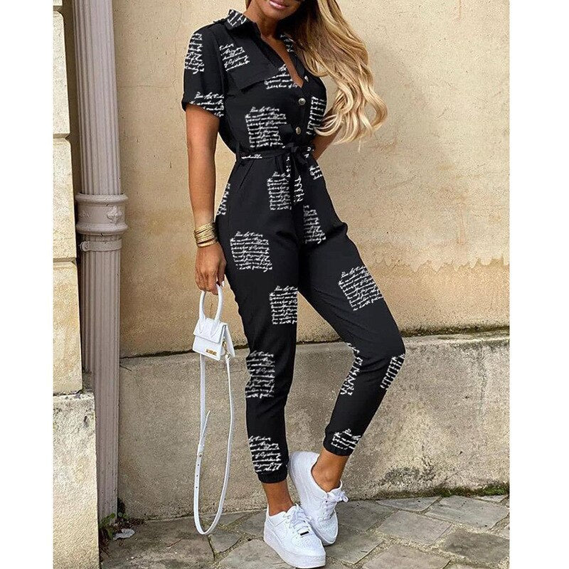 Summer 2023 Women Lapel Button Printed Belt Jumpsuit Women Elegance Short Sleeve Jump Suits for Women Overall