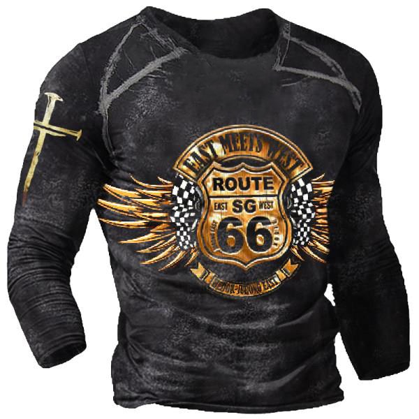 Vintage Men's T Shirt Long Sleeve Cotton Top Tees USA Route 66 Letter Graphic 3D Print T-Shirt Fall Oversized Loose Clothing 5XL