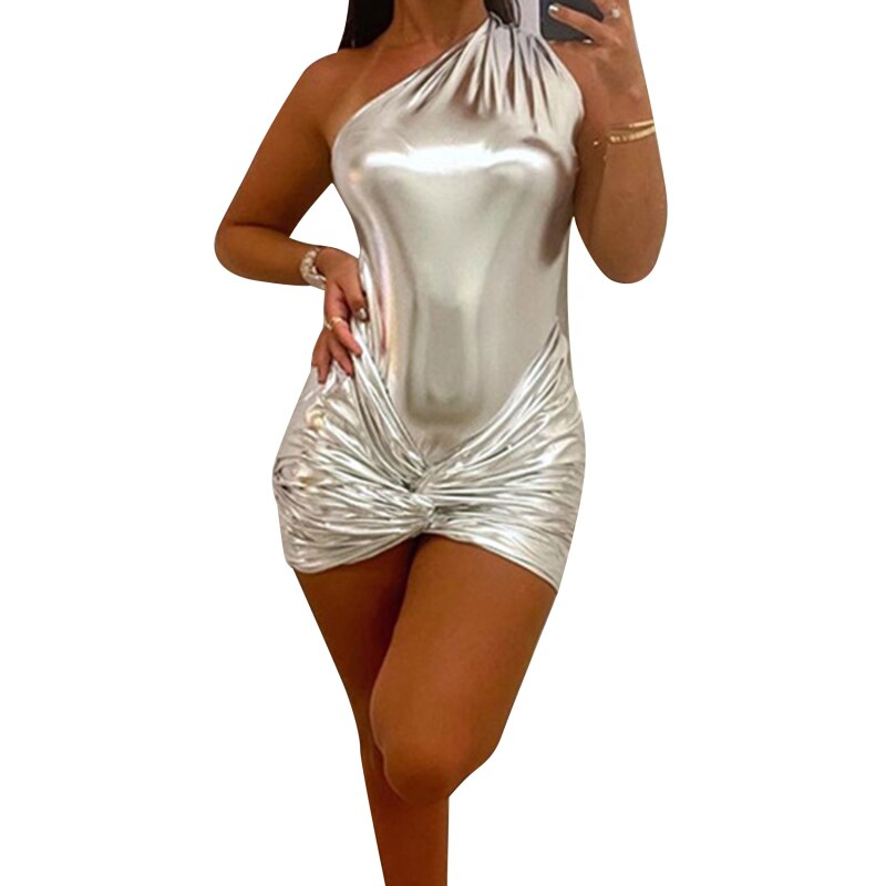 Summer Pu Leather One Shoulder Dress Sets Women Sleeveless Sexy Bodycon Bodysuit Mini Skirt 2 Piece Set Party Club