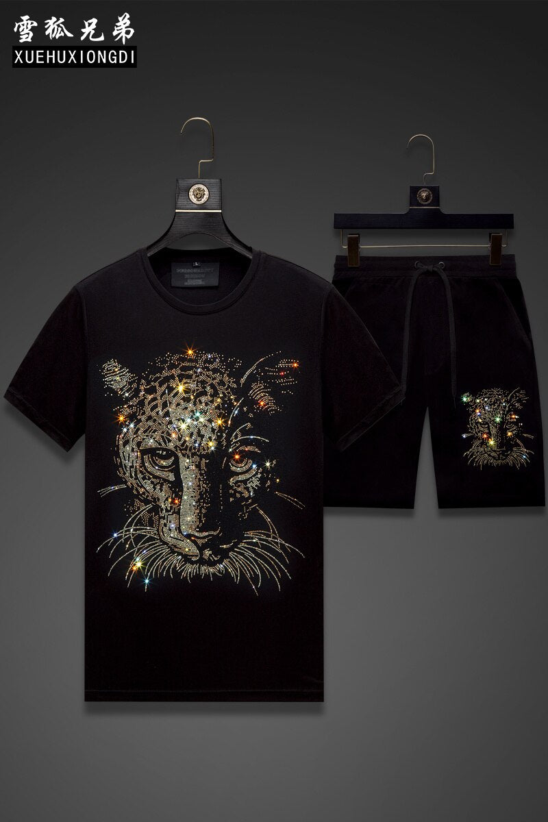 Leopard 2023 Sportswear Tracksuit Rhinestones Men Summer Casual Fitness Thin Mens Track Suit Set 2 Pieces Ropa De Hombre