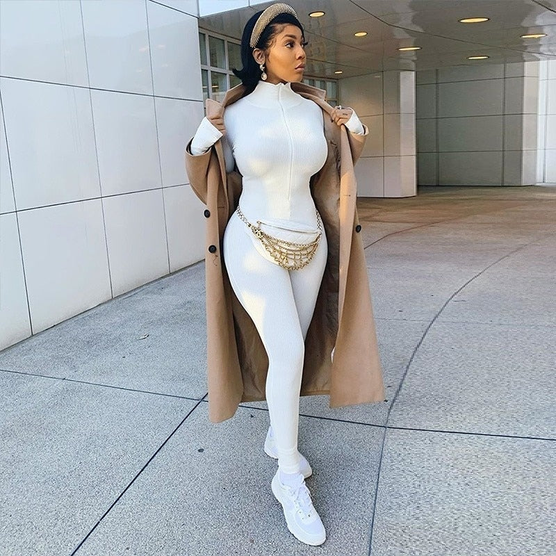 Active Wear Knit Ribbed Rompers Sporty Workout Womens Jumpsuit Long Sleeve Zipper Green Embroidery Letter Print Jogger PR1421G