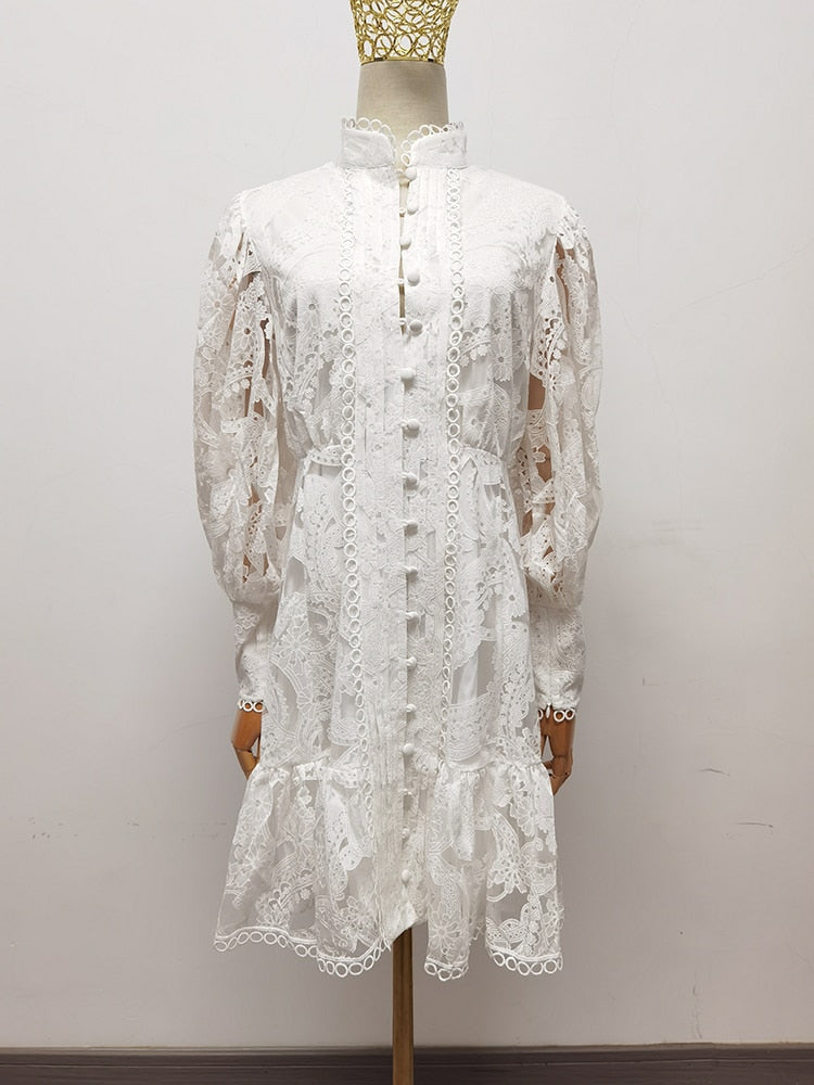 High Quality Spring Women's Fashion Designer Party Mini Dress Lantern Sleeve Gorgeous Lace Shirt Style White Print Dresses 1A264