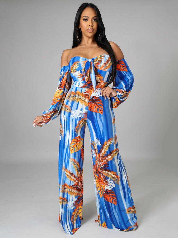 Jump Suits for Women Tropical Print Off The Shoulder Lace Up Decorative Jumpsuit One Fashion Casual Pieces for Women Female
