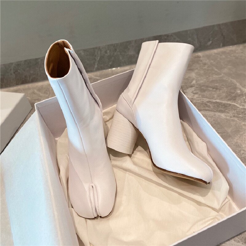 Real Cow Leather Split Toe Ninja Tabi Boots Women MM6 Brand Design Genuine Leather Ankle Boot Woman Round High Heels Shoes