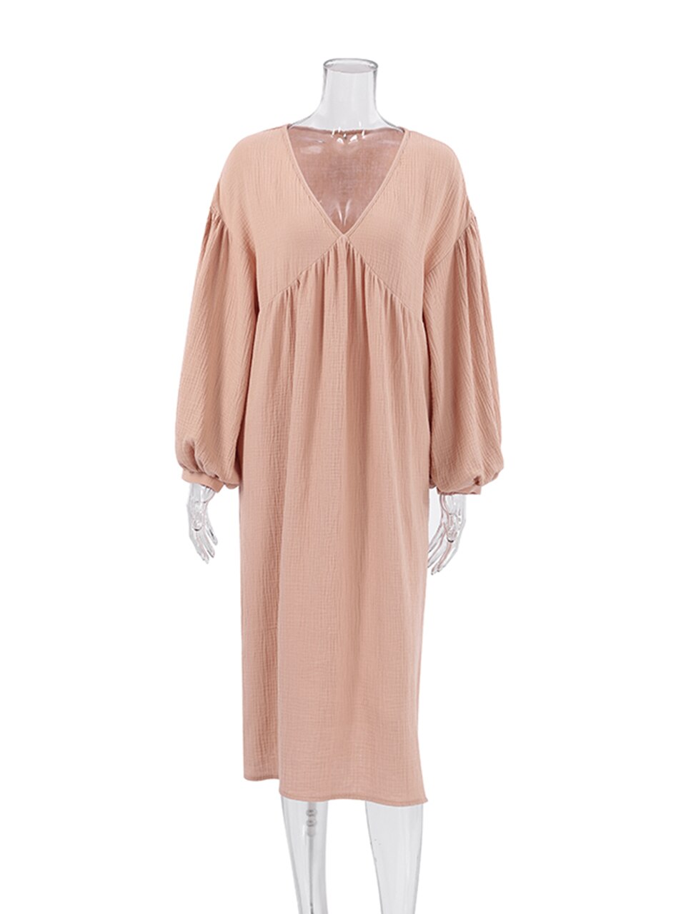 Linad Lantern Sleeve Night Dress Women Loose V Neck Sleepwear 2022 Autumn Cotton Woman Dresses Casual Pajamas Solid Elegant