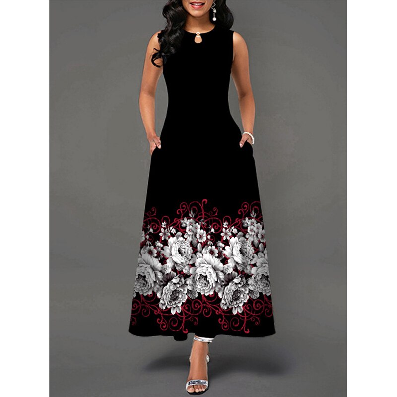 MOVOKAKA Ladies Spring Summer Long Dress Women White Sleeveless V-neck Pocket Elegant Dresses Casual Flowers Print Vintage Dress