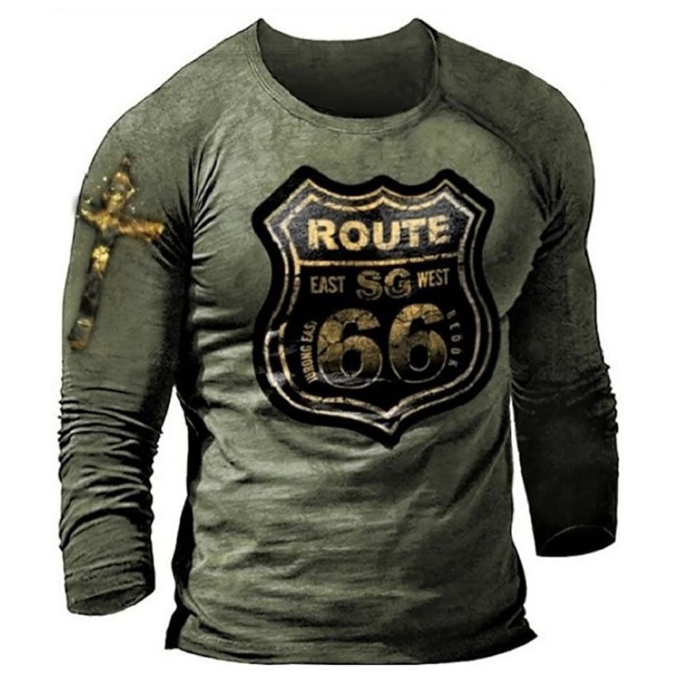 Vintage Men's T Shirt Long Sleeve Cotton Top Tees USA Route 66 Letter Graphic 3D Print T-Shirt Fall Oversized Loose Clothing 5XL