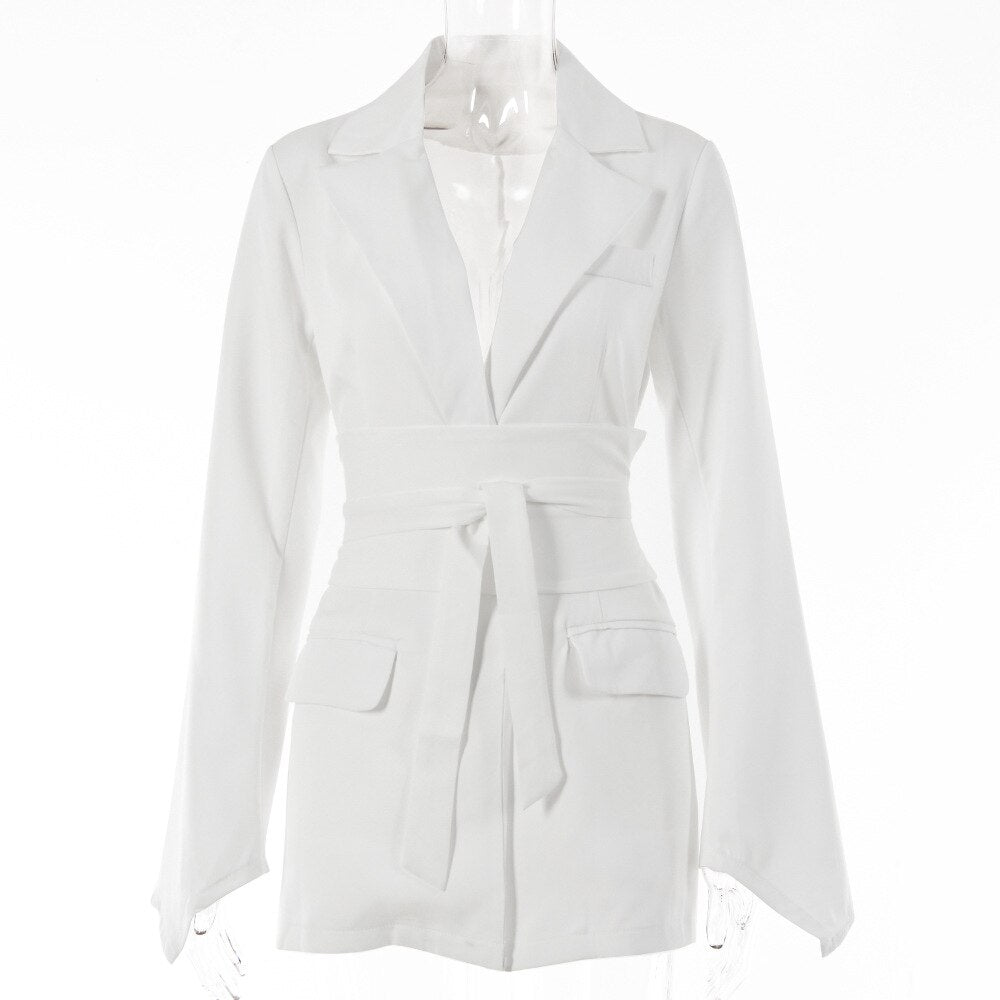 Office Ladies Blazer Dress Women Suits with Belt Outerwear Women's Jackets 2022 Long Sleeve Elegant White Black Jacket Female