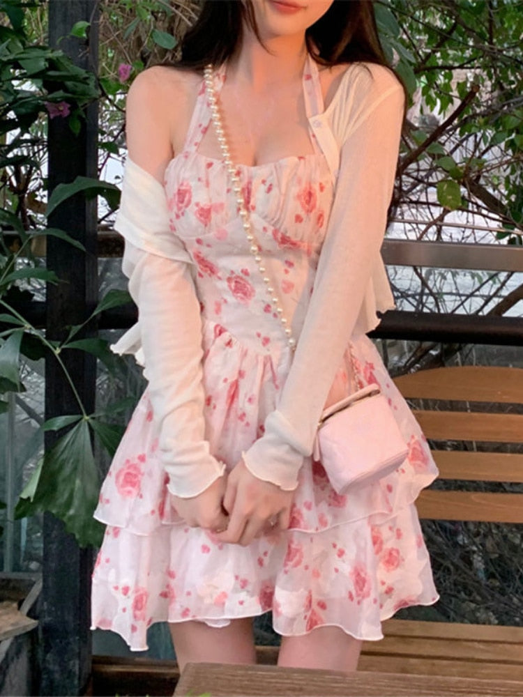 2 Piece Dress Set Women Floral Mini Dress + Casual Blouse Korean Fashi – Live a Classic Styles