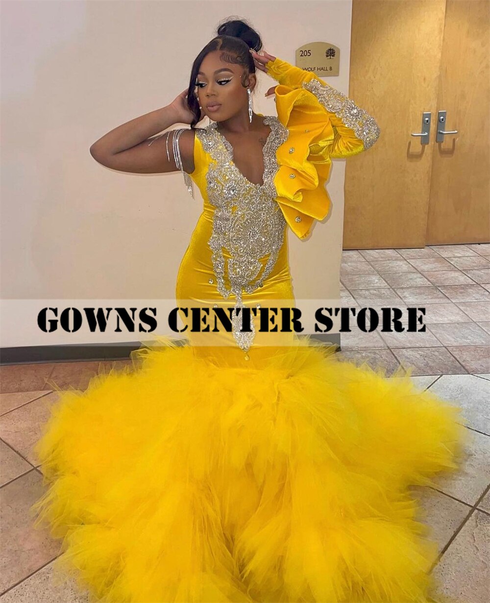 Yellow Velvet Long Sleeve Prom Dresses For Black Girls Ruffel One Shoulder Mermiad Wedding Party Gowns With Tassels Tulle Train