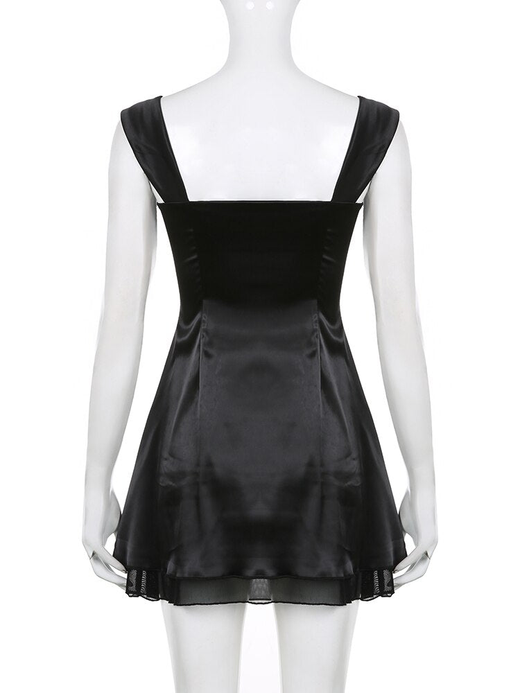 Sweetown Sleeveless Black Goth Y2K Mini Dresses Two Layer Korean Fashion Square Collar Kawaii A Line Birthday Dress For Women
