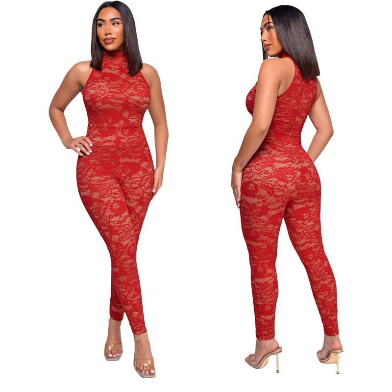 Slim Sleeveless High Neck Skinny Carved Lace Jumpsuit Playsuit for Women 2023 Fashion Sexy Skinny Woman Ladies Jump Suit Overall