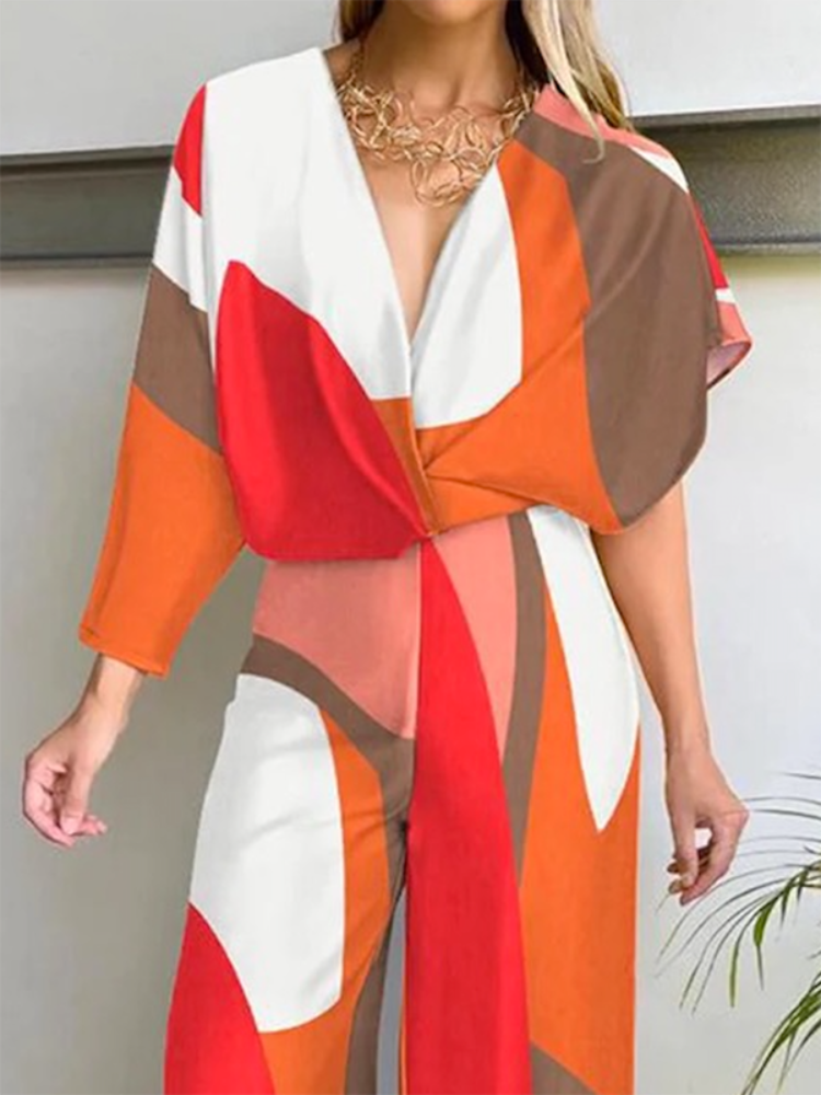 Freeacy 2023 New Fashional Contrast Color Printed V-Neck Jumpsuit High Waisted Wide Leg Pants Loose Casual Jump Suit For Women