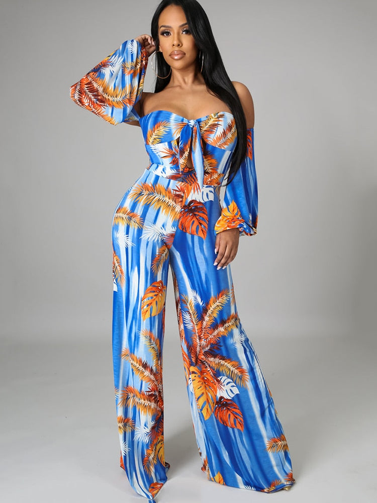 Jump Suits for Women Tropical Print Off The Shoulder Lace Up Decorative Jumpsuit One Fashion Casual Pieces for Women Female