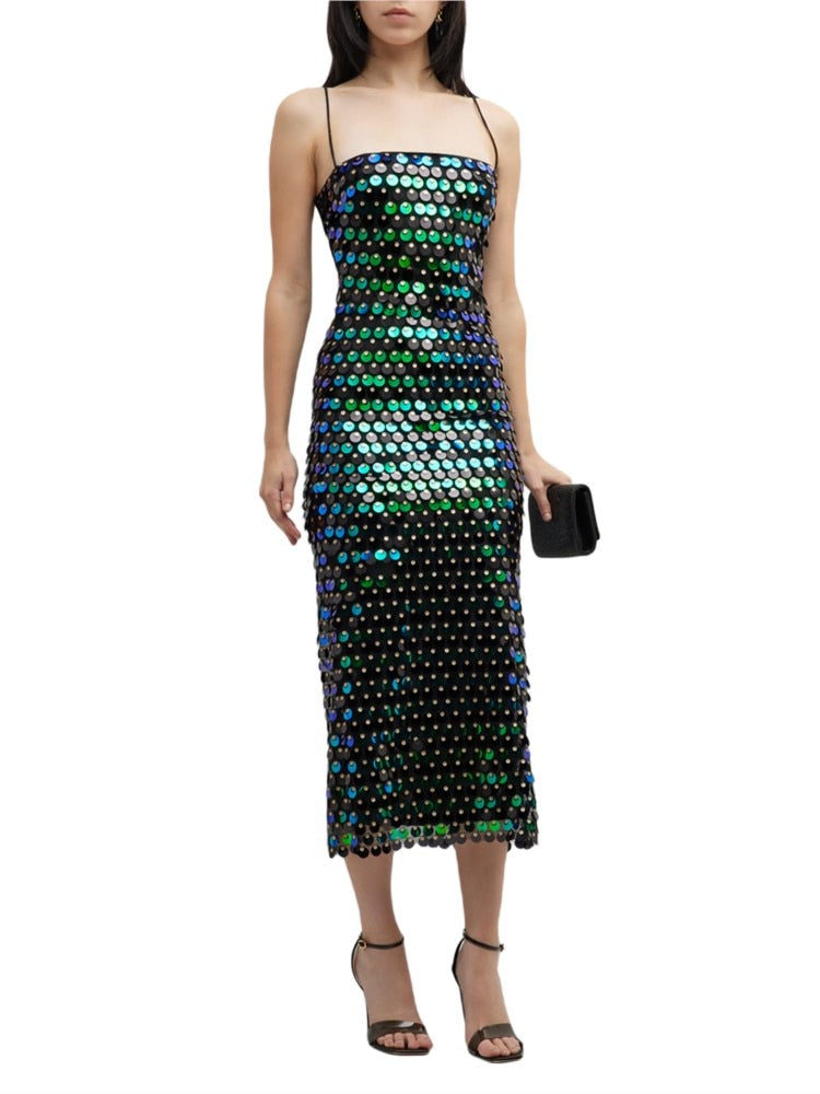 Luxury Women Cocktail Dress Sequins Sleeveless Split Sling Backless Glitter Vestidos Sexy Slim Celebrity Evening Party Dresses
