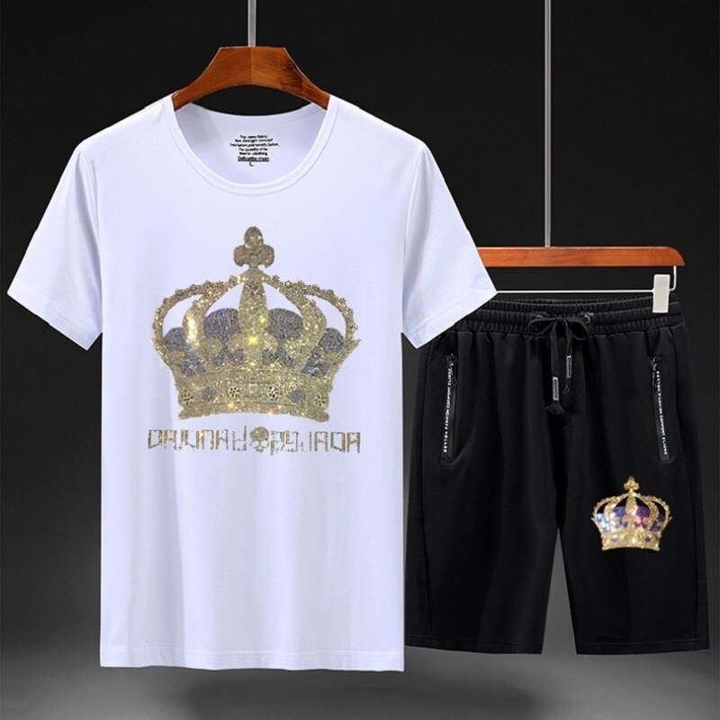 Crown 2023 Men Clothing Rhinestones Sportswear Suits Fitness Short Mens Track Suit Set 2 Pieces Casual Jogger Sets Plus Size 7XL