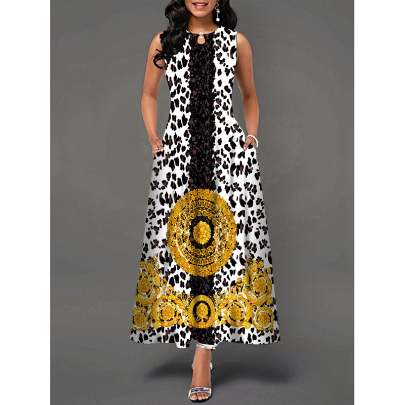 MOVOKAKA Ladies Spring Summer Long Dress Women White Sleeveless V-neck Pocket Elegant Dresses Casual Flowers Print Vintage Dress