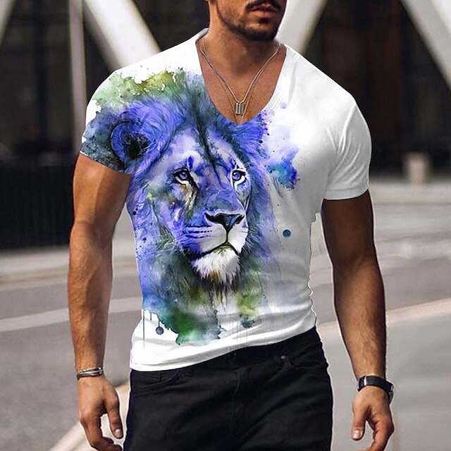 Oversized Animal T-shirt Men Black Tees Lion Print Shirts Pattern V-neck Tops Fashion Casual Short Sleeve Summer Men's Clothing