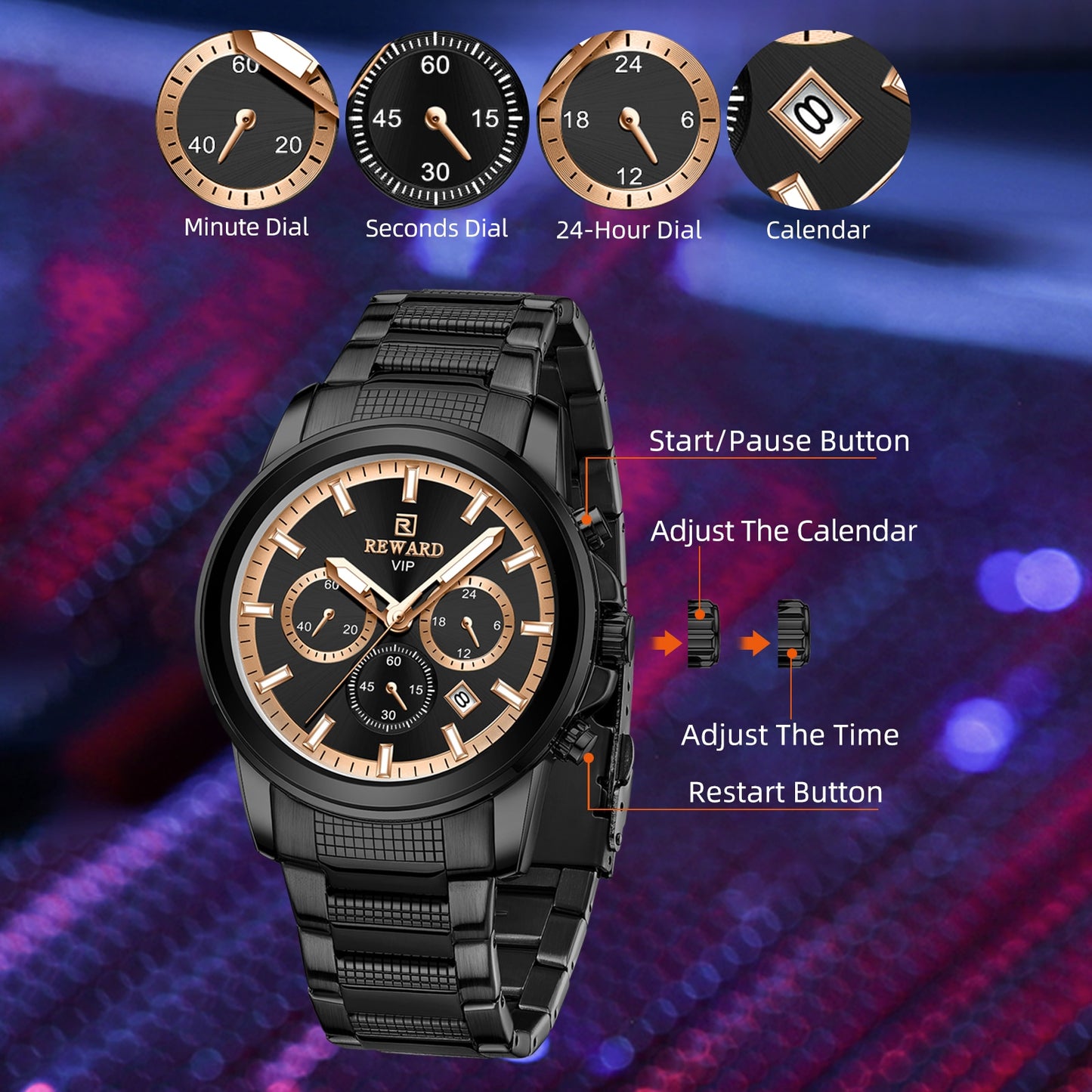 REWARD VIP New Quartz Watches for Men Dress Wrist Watch Stainless Strap Chronograph Luminous Waterproof Date Men's Wristwatches