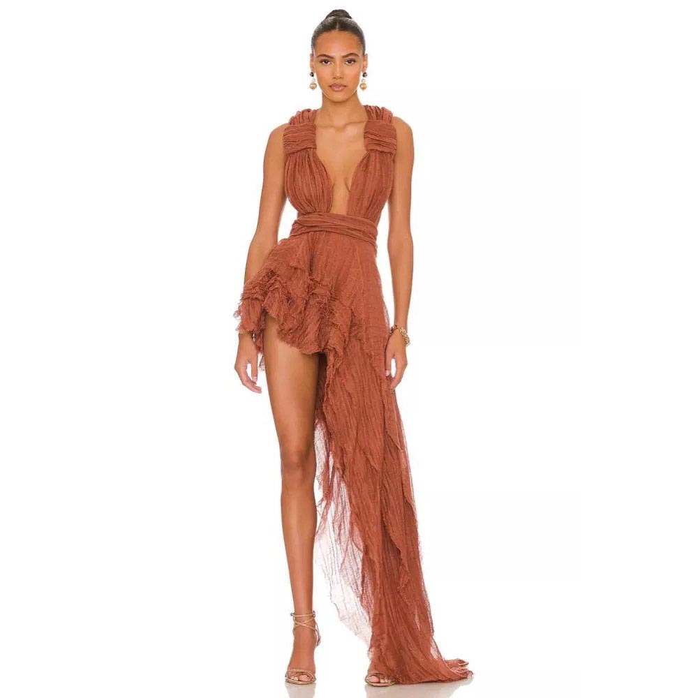caramel prom dress Chic / Beautiful Caramel Cascading Ruffles Prom Dresses 2022 A-Line / Princess Strapless Sleeveless Backless Floor-Length / Long Prom Formal Dresses