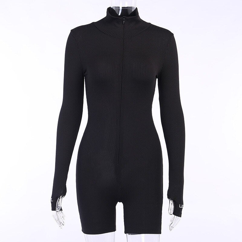 Active Wear Knit Ribbed Rompers Sporty Workout Womens Jumpsuit Long Sleeve Zipper Green Embroidery Letter Print Jogger PR1421G