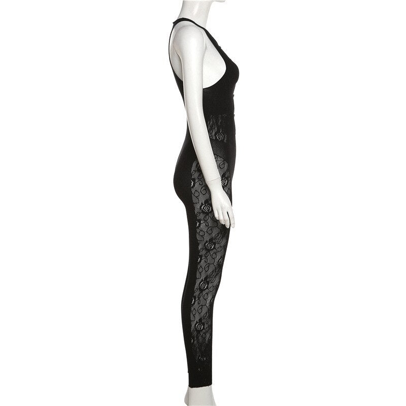 Sexy See Through Sleeveless Hipster Night Clubwear Party Overalls Women Hollow Out Lace Mesh Patchwork Skinny Jump Suit