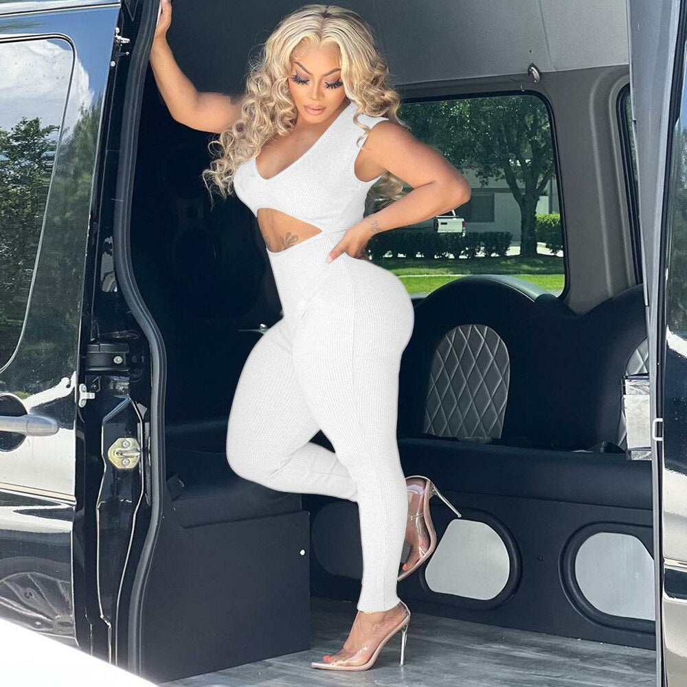 Streetwear Casual Jump Suits for Women Solid Color Sleeveless Crop Top Tight Waist Pants Fashion Comfortable Women's Clothing