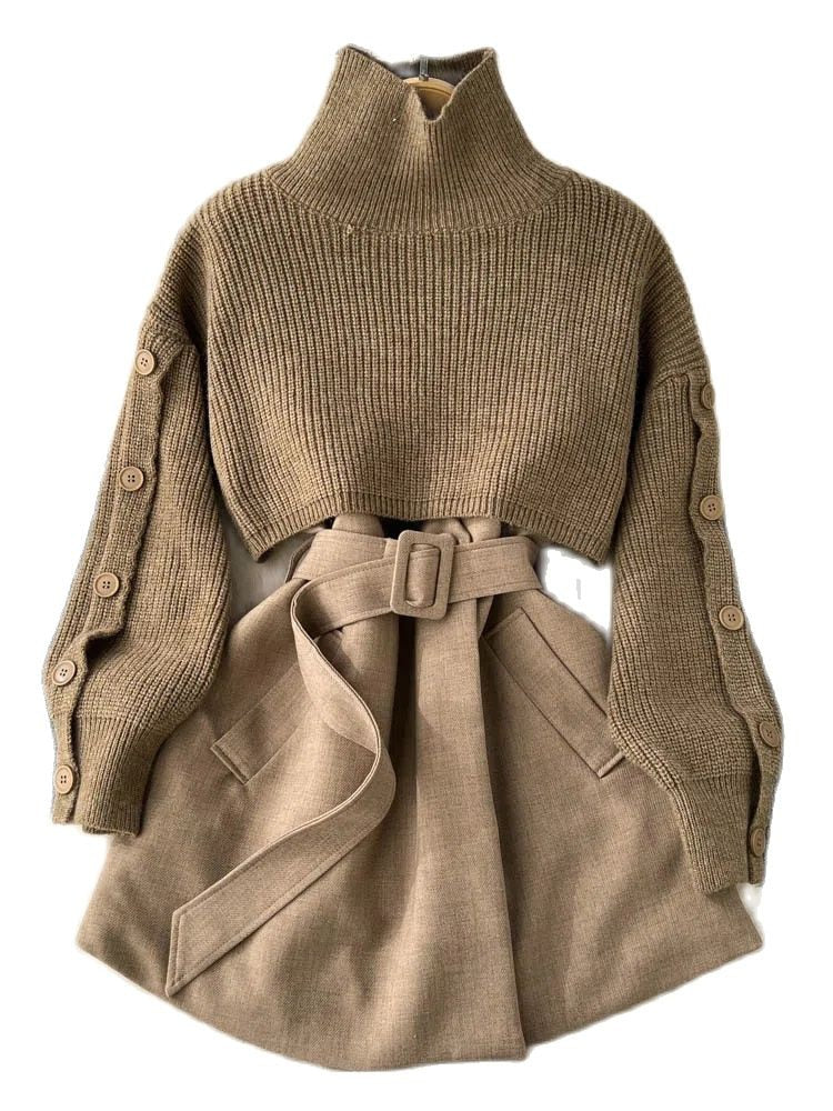 Autumn Winter Knit Two Piece Set Women's Single-breasted Turtleneck Cropped Pullover Sweater V-neck Vest Dress Solid Women Suit