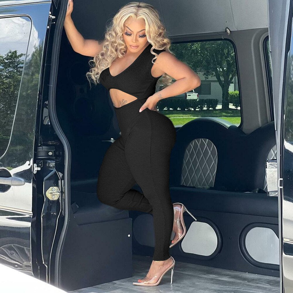 Streetwear Casual Jump Suits for Women Solid Color Sleeveless Crop Top Tight Waist Pants Fashion Comfortable Women's Clothing