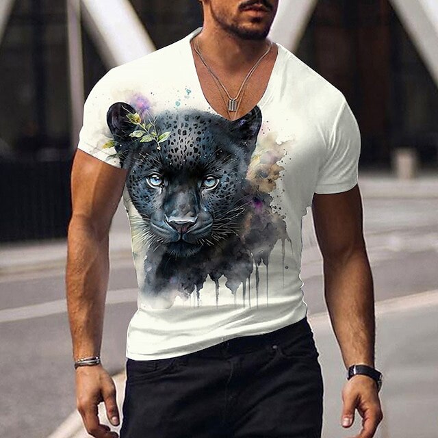 Oversized Animal T-shirt Men Black Tees Lion Print Shirts Pattern V-neck Tops Fashion Casual Short Sleeve Summer Men's Clothing