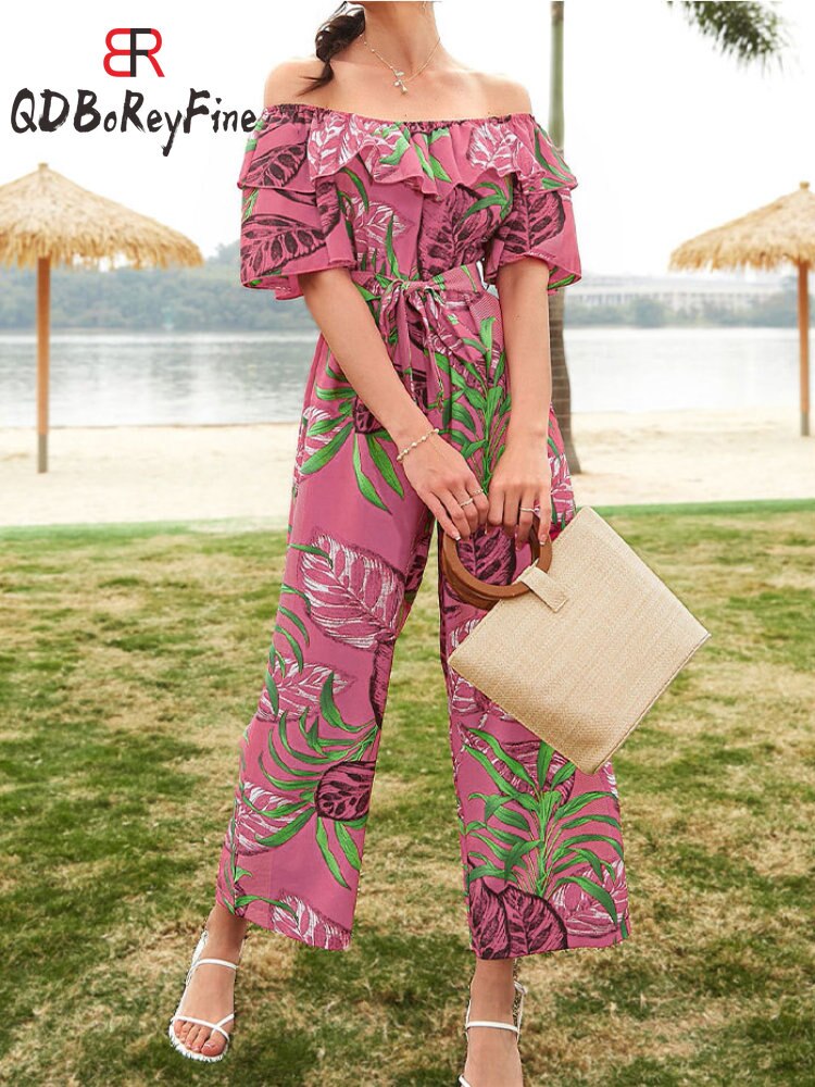 Sexy Women Jumpsuits Off shoulder Ankle length wide leg pants Ruffles short sleeve Casual holiday jump suits for women rompers