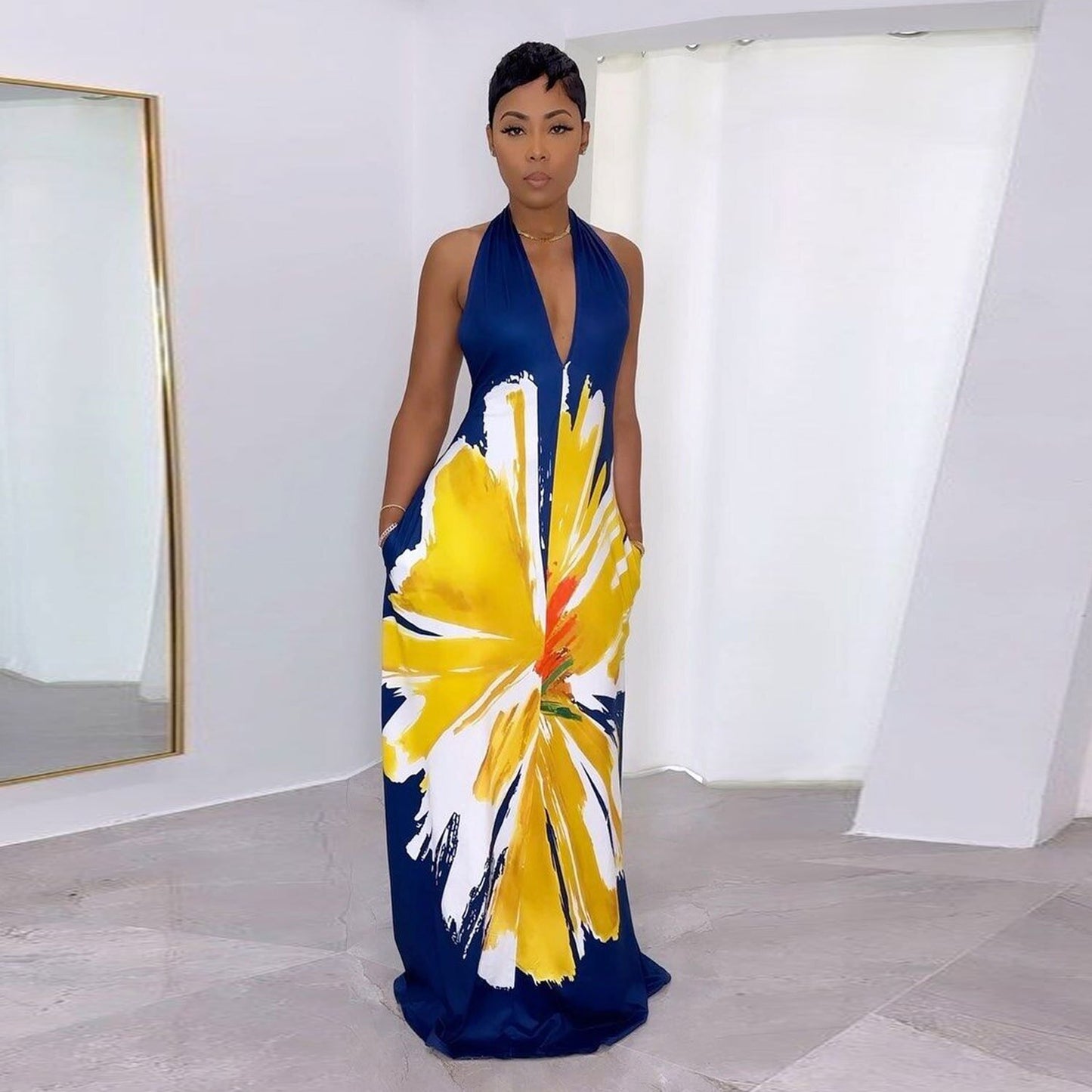 Summer Elegant Print Hang Neck Straps Loose V-neck Long Dress 2023 Women Sleeveless Sexy Traditional Retro African Clothing