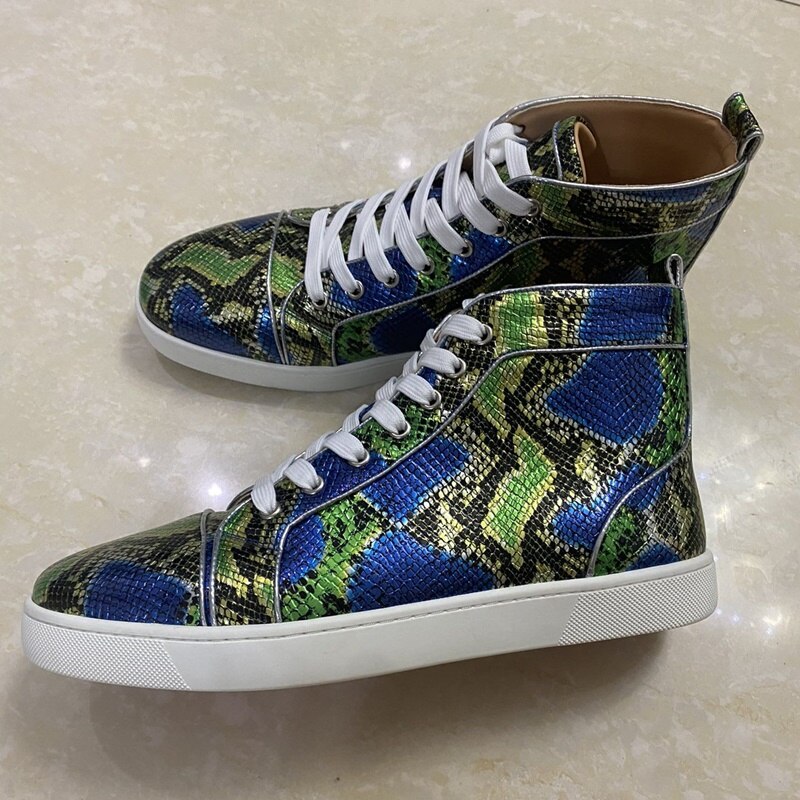 Luxury Brand Green Snakeskin Pattern Genuine Leather Sneakers High Top Casual Shoes Lace-up Flats Mens Sneakers