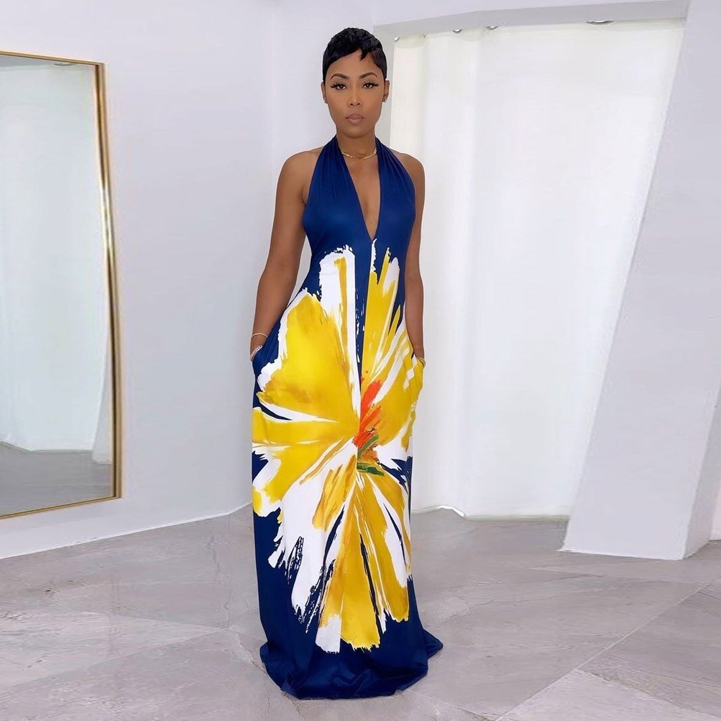 Summer Elegant Print Hang Neck Straps Loose V-neck Long Dress 2023 Women Sleeveless Sexy Traditional Retro African Clothing